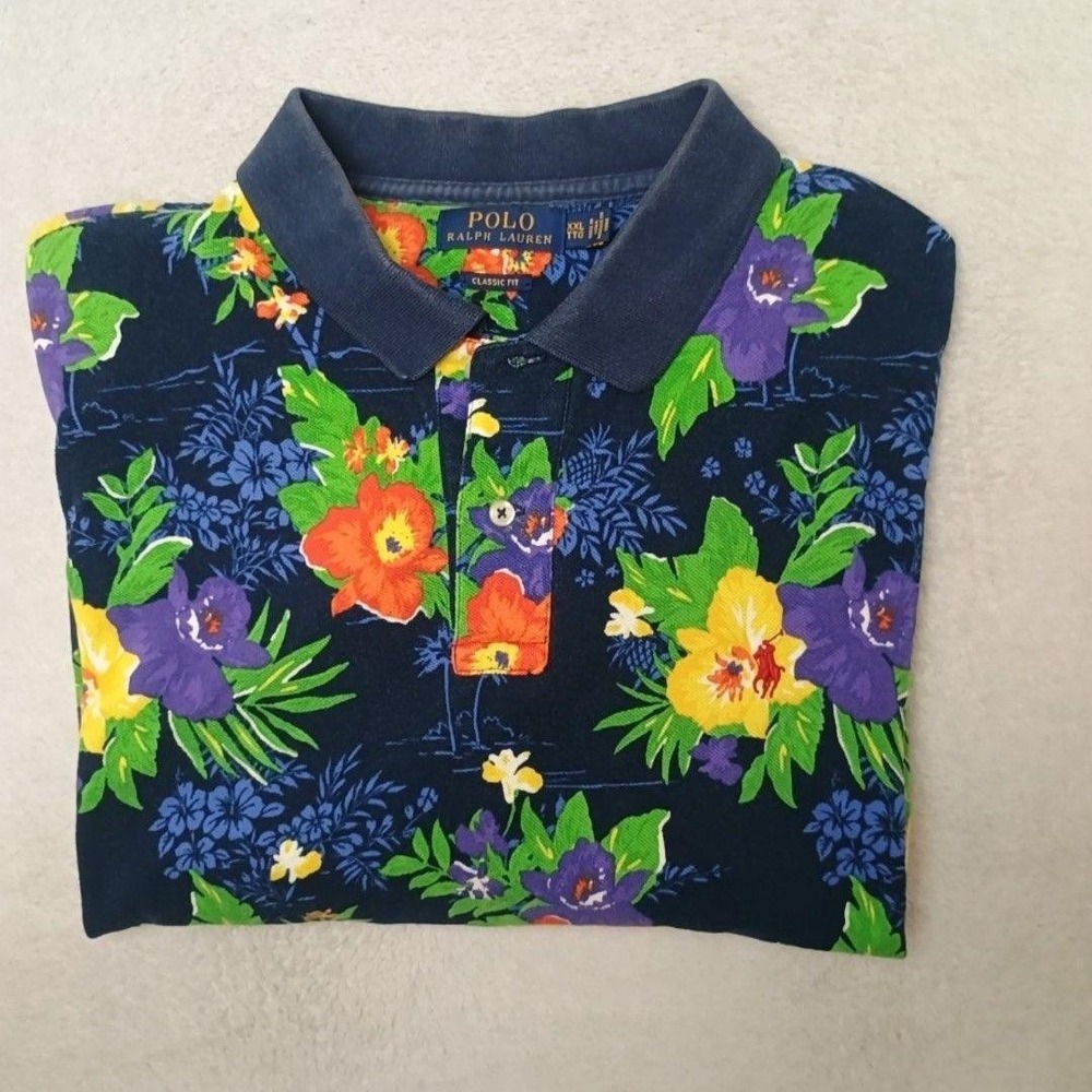 Polo Ralph Lauren Polo Shirt Mens 2XL Blue Floral Hawaiian Golf Travel Work Tech